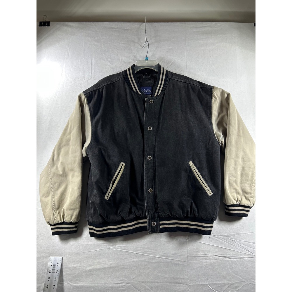 Basic Editions Mens Vintage Varsity Bomber Jacket Black Tan Cotton Canvas Large